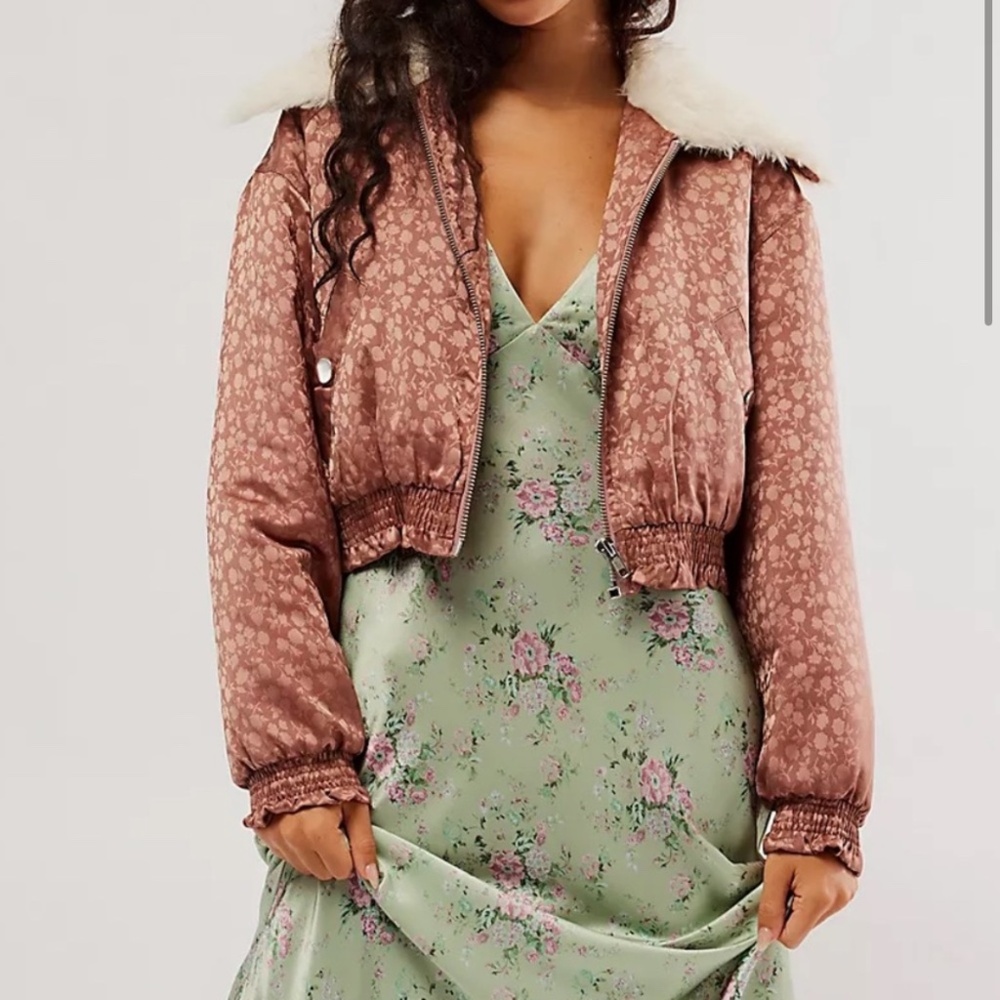 Free People Crafted Floral Bomber Jacket – Faux Fur Collar, Size XS